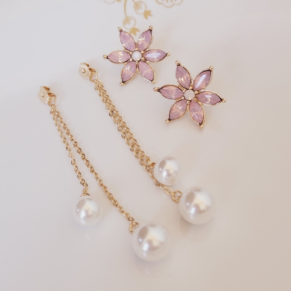 NWT-Flower Dangle Double Pearl Detachable Earrings - Picture 7 of 11